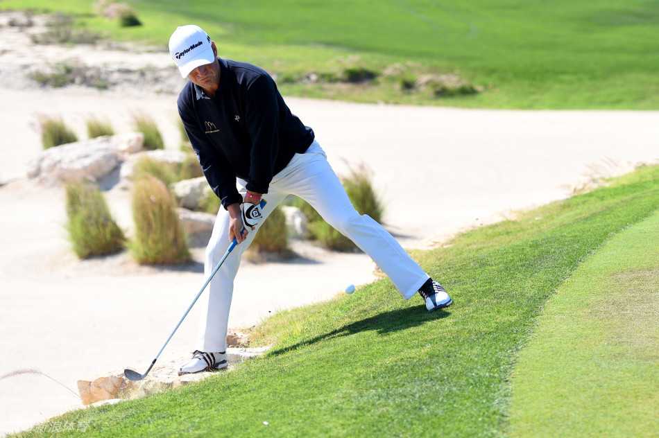 大胡子安德鲁·约翰逊在果岭旁凝神观察，标志性的胡须与专注的眼神构成了他独特的赛场形象。